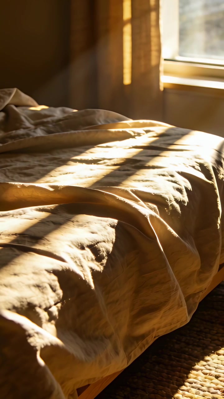 Video verticale: Luce solare cangiante che scivola su un letto beige stropicciato in camera da letto, con ombre delle finestre in movimento.