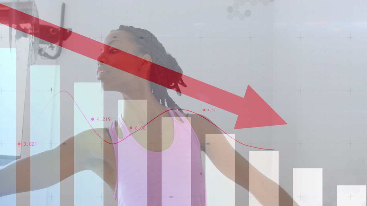 Mid-adult woman starting side twists after overlay fading in with fitness chart and downward arrow