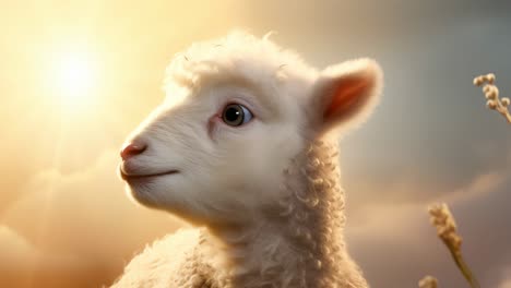 soft white lamb exploring surrounding grassland, turning head with subtle curiosity during warm golden hour lighting, showcasing peaceful pastoral moments with gentle expressions
