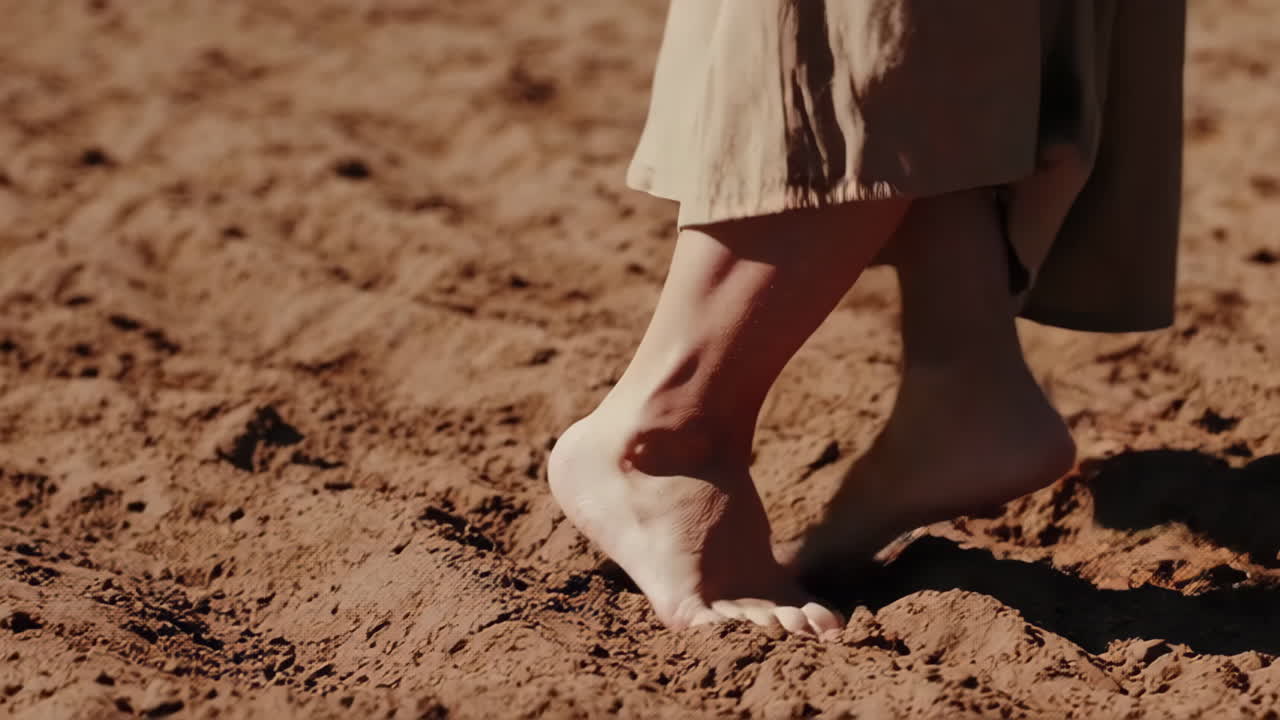 Person Walking Barefoot on Sandy Ground