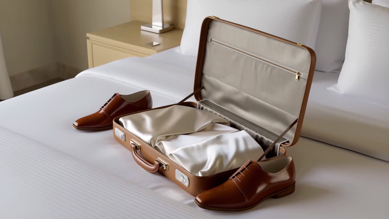 Åben attachémappe og pæne sko på en hotelseng