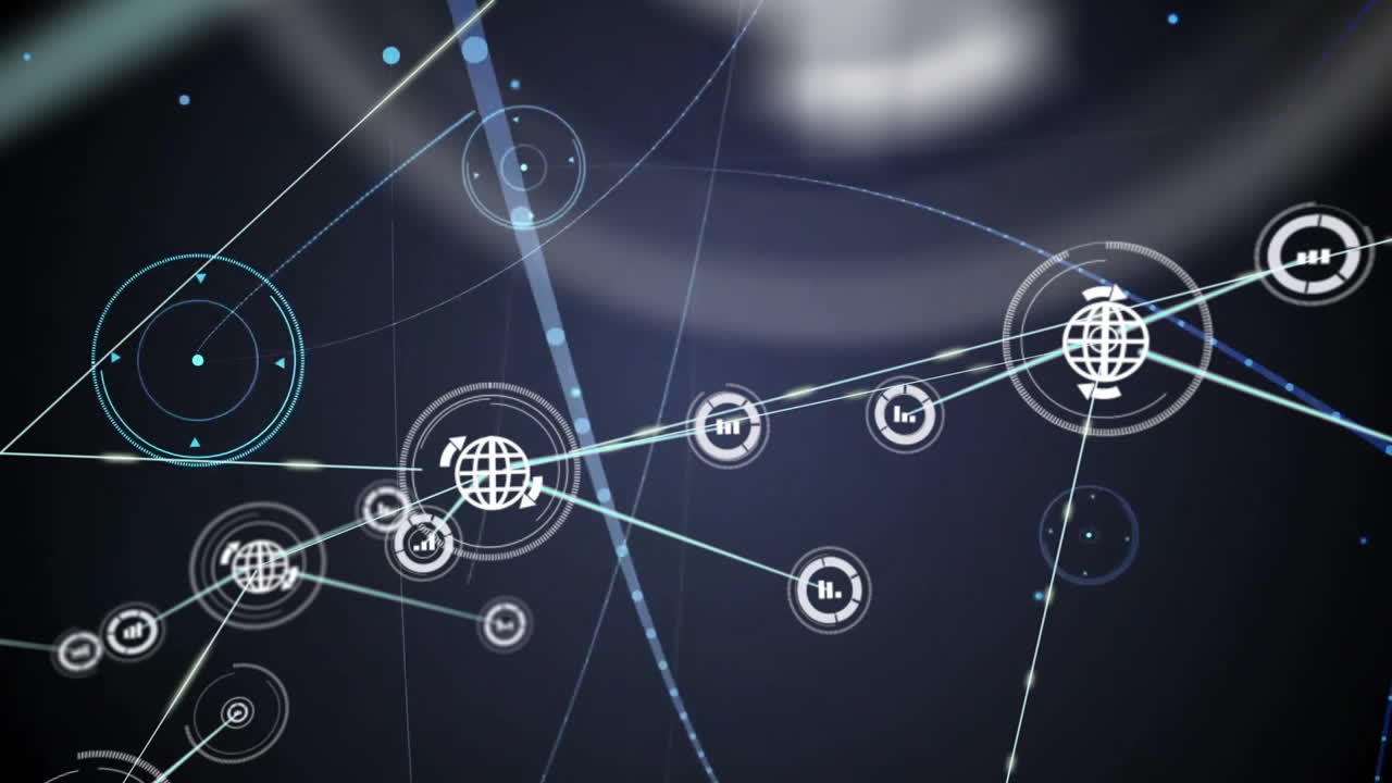 Network of connections and data processing animation over dark background