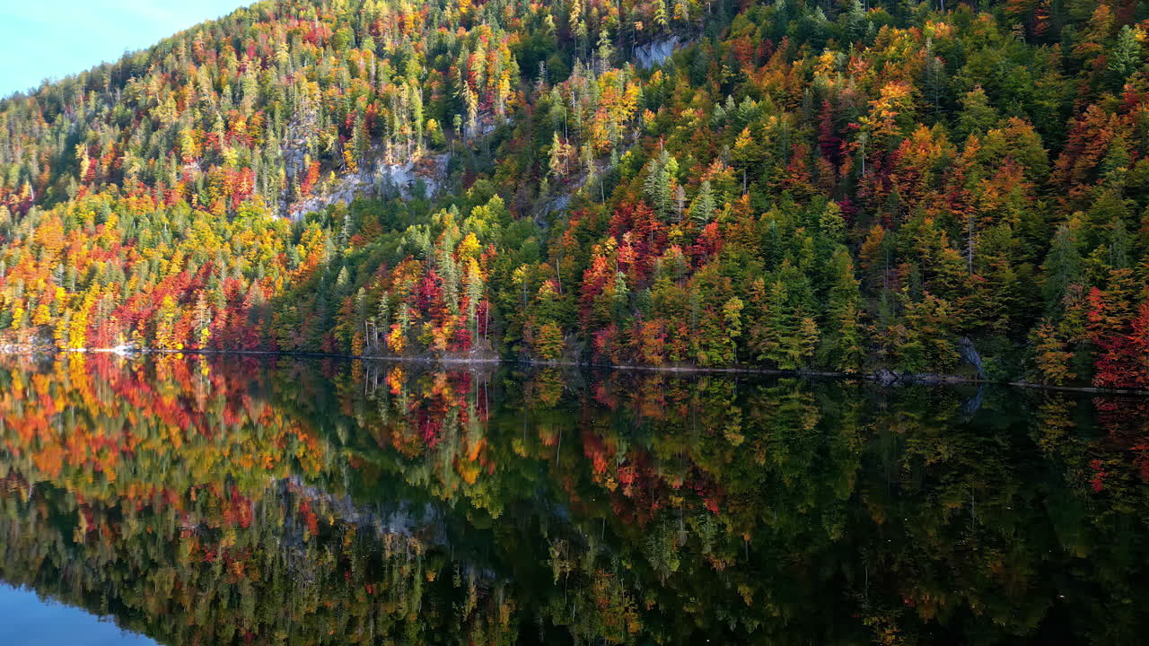 Wide panning shot of a lake during autumn in Austria's backcountry