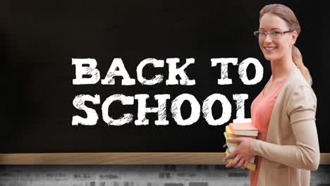 Animation-of-back-to-school-text-and-female-teacher-over-blackboard