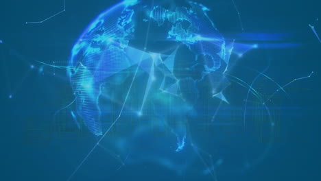 animation of network of connections and globe over city on blue background