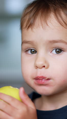 cute adorable caucasian toddler eating yellow apple. kid shows the fruit to the camera. close up. blurred backdrop. vertical video