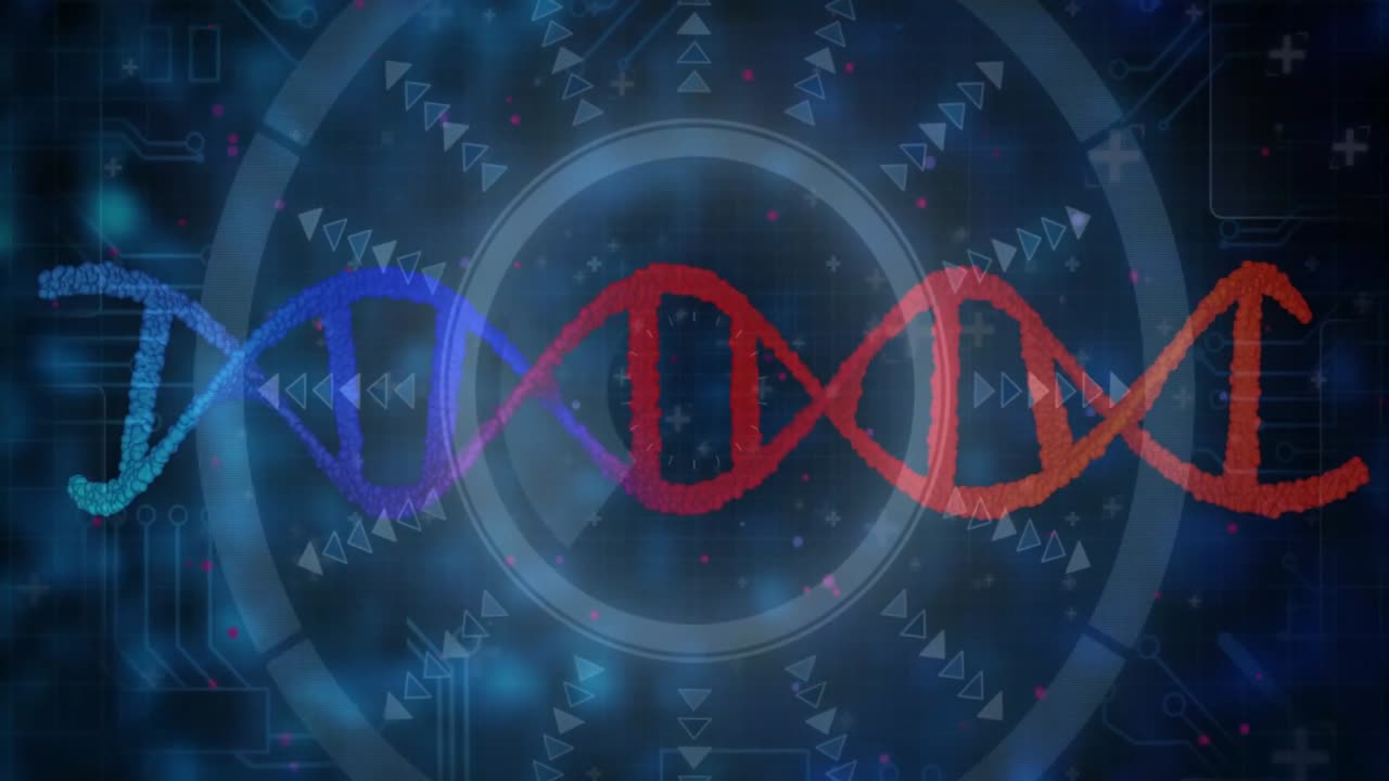Drifting particles converging into vortex, drawing brush DNA helix across HUD, visualizing genetics