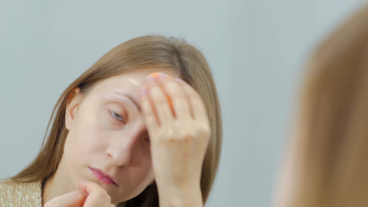 아름다운 젊은 여성이 커슬러, 파운데이션 크림, 메이크업을 적용합니다.