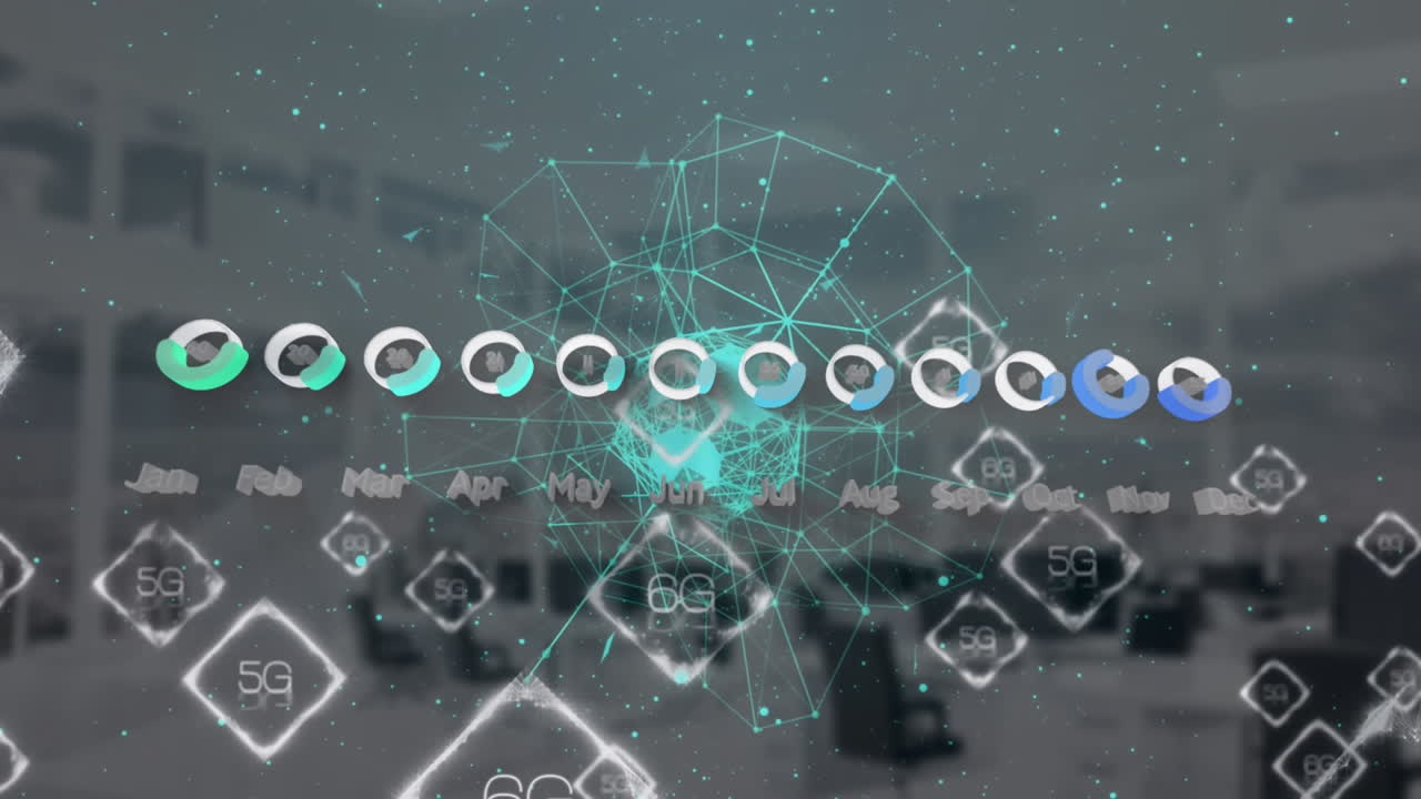 animación del procesamiento de datos estadísticos y globo de red de conexiones contra la oficina vacía
