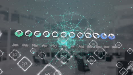 animación del procesamiento de datos estadísticos y globo de red de conexiones contra la oficina vacía