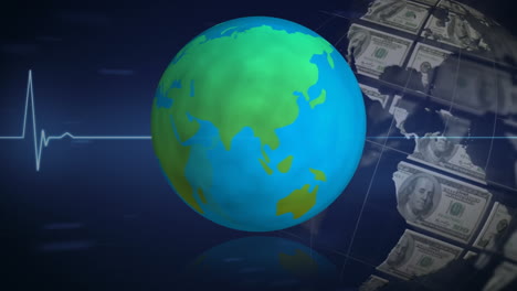 animation of globe formed with american dollar banknotes and heart rate data processing