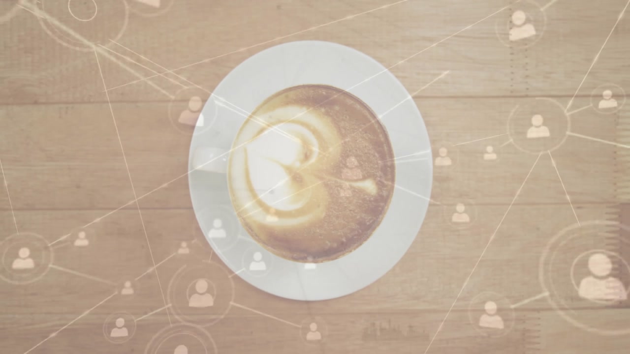 Flat design showing white ceramic coffee cup hovering on wood table with network icons connecting
