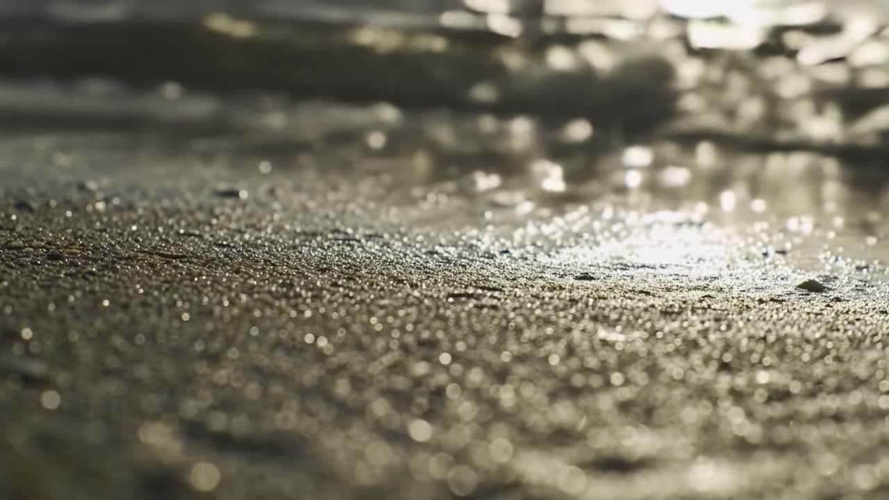 A Serene Beach Experience: Captivating Close-Up Shots of Gentle Waves Washing Over a Sparkling Shoreline, Illuminated by Soft Sunlight