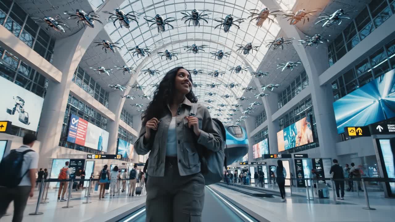 Futuristic Airport Scene with Drones and Train