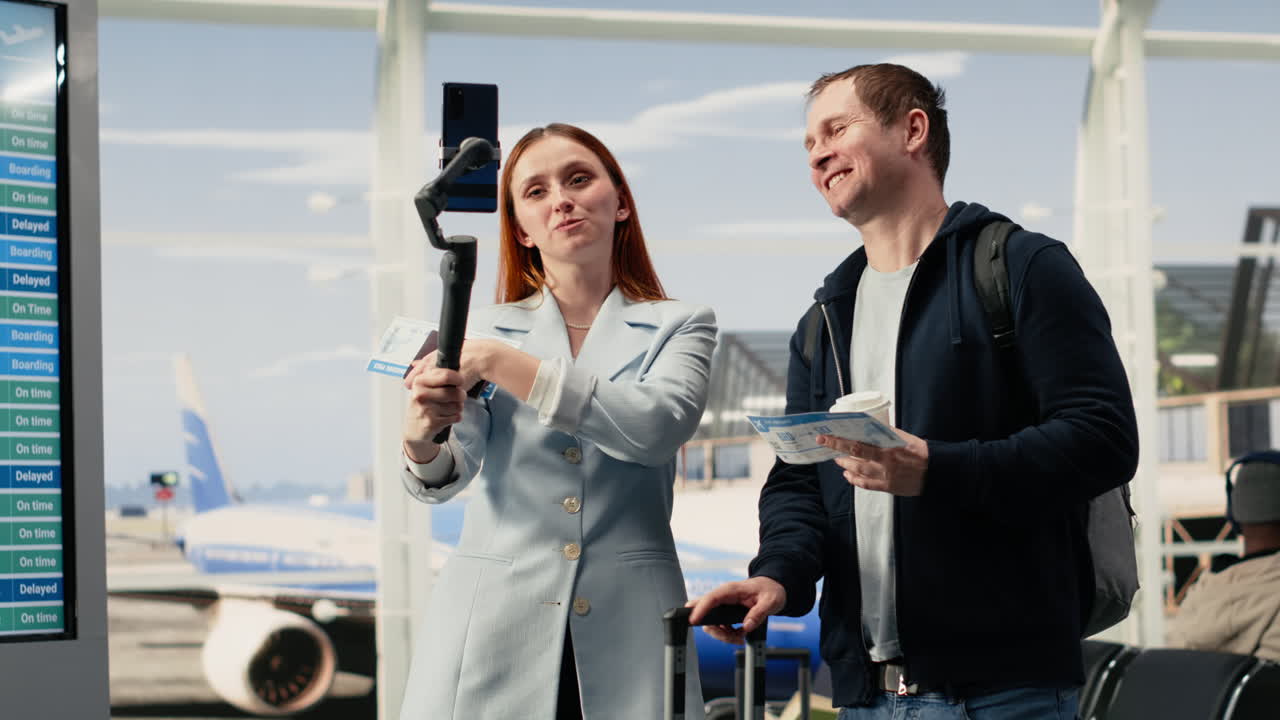 Pareja feliz grabando un vlog en la terminal del aeropuerto antes del vuelo.