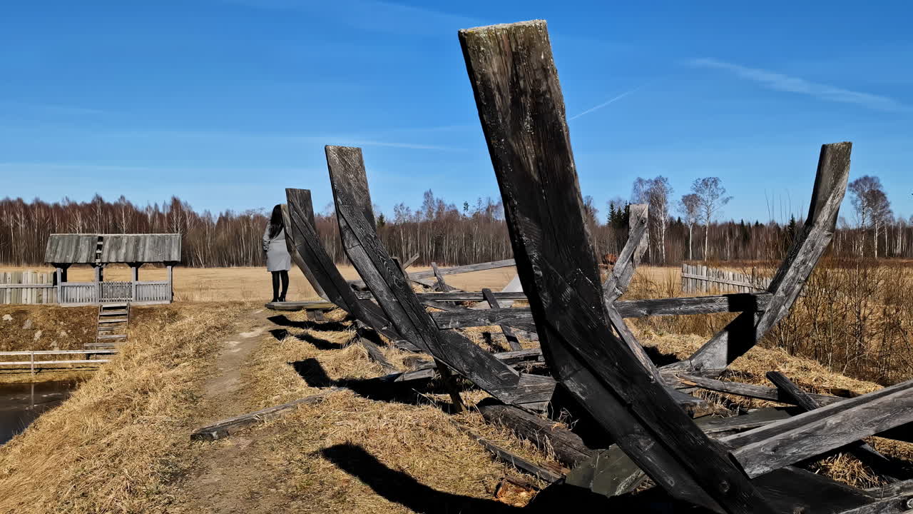 marco de un barco de madera de estilo vikingo a lo largo de la orilla - mujer de pie sola