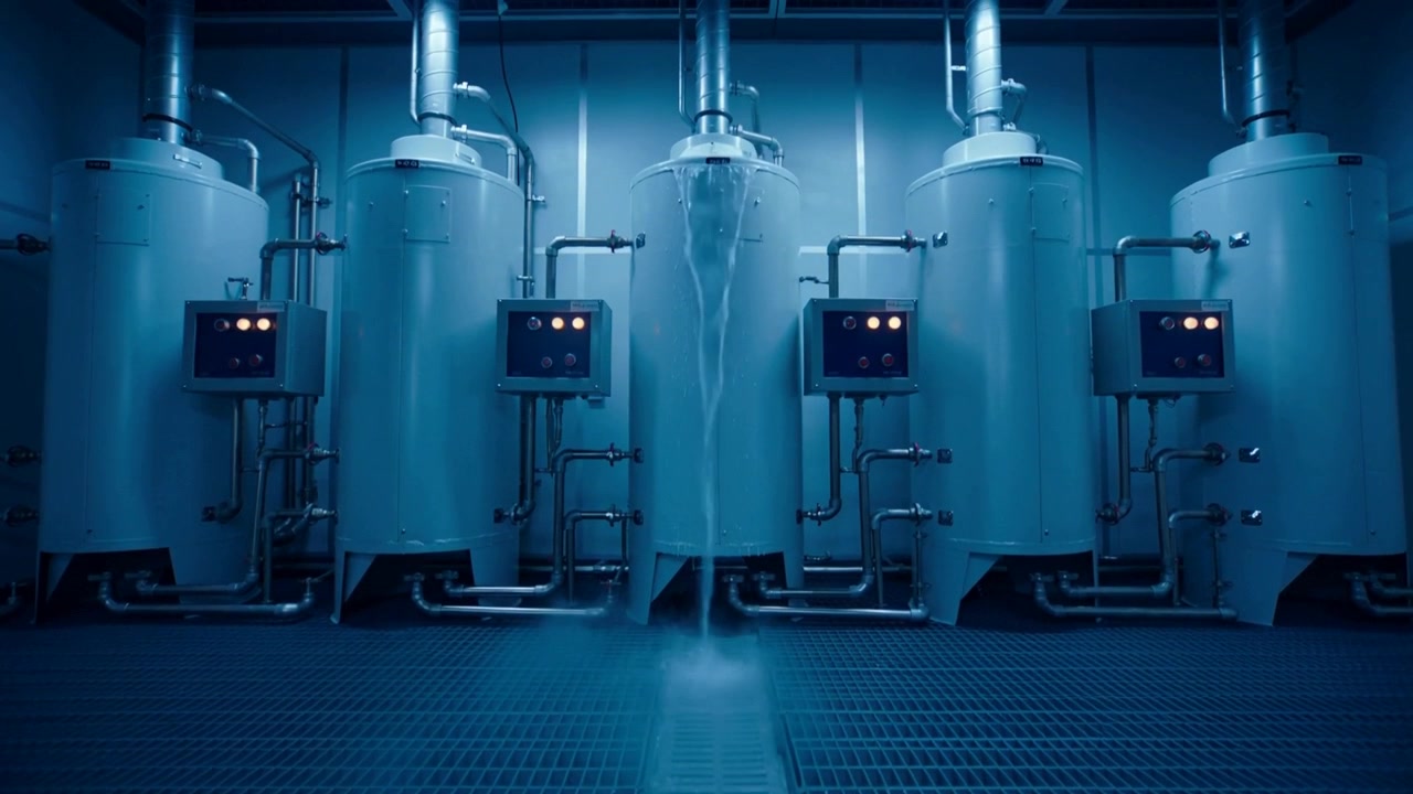 Rising vapor from central floor drain, four tanks releasing mist in room with lit control boxes