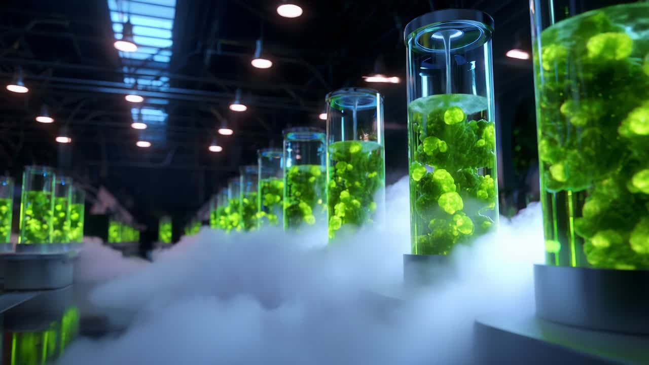A Futuristic Laboratory Filled with Vibrant Green Cultures in Transparent Cylinders, Surrounded by Foggy Mist and Illuminated by Industrial Lighting, Reflecting an Innovation in Biological Research and Experimentation