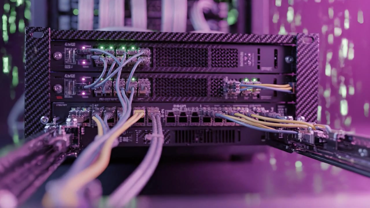 Detailed View of a High-Performance Data Server with Advanced Connectivity Cables and Illuminated Components Against a Purple-Gradient Background
