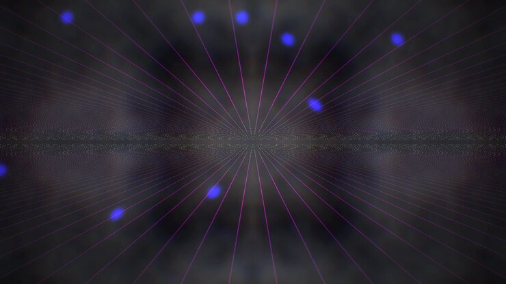 Abstract Digital Background with Pulsing Purple Laser Lines and Floating Blue Orbs