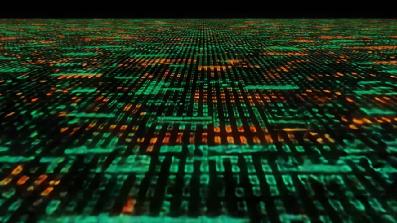 A Stunning Visualization of Digital Code Flowing in a Futuristic Environment, Featuring a Matrix of Multicolored Numbers and Symbols Against a Dark Background