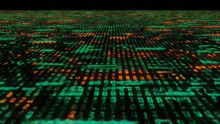 A Stunning Visualization of Digital Code Flowing in a Futuristic Environment, Featuring a Matrix of Multicolored Numbers and Symbols Against a Dark Background