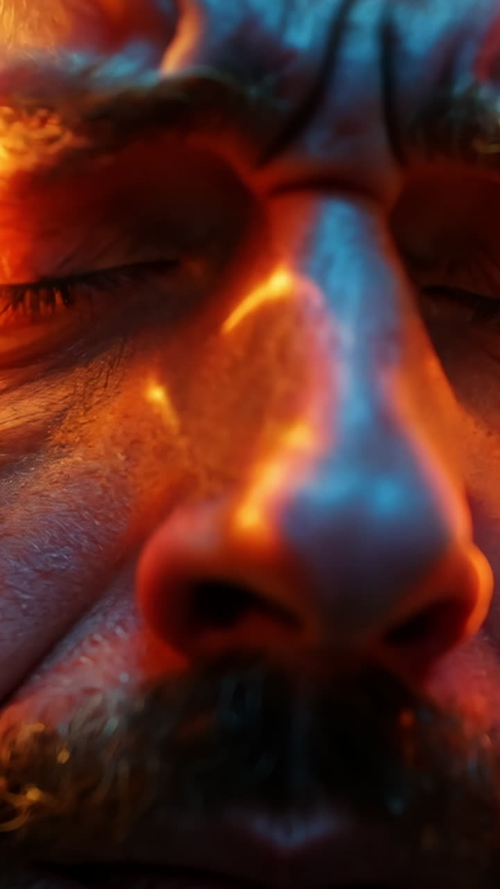 A man with his hands on his head, with a bright orange light shining on his face. Concept of stress and discomfort, as the man is struggling with something