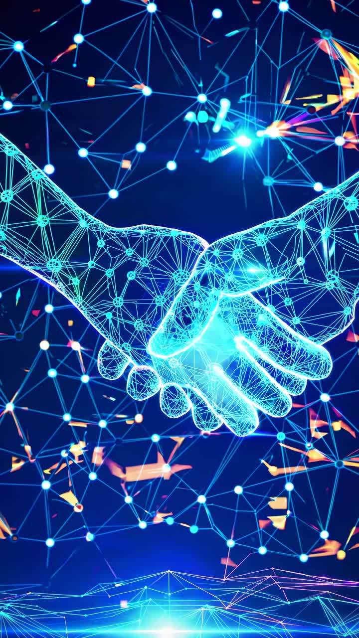 Futuristic video concept of digital handshake with a low-angle view, showcasing interconnected