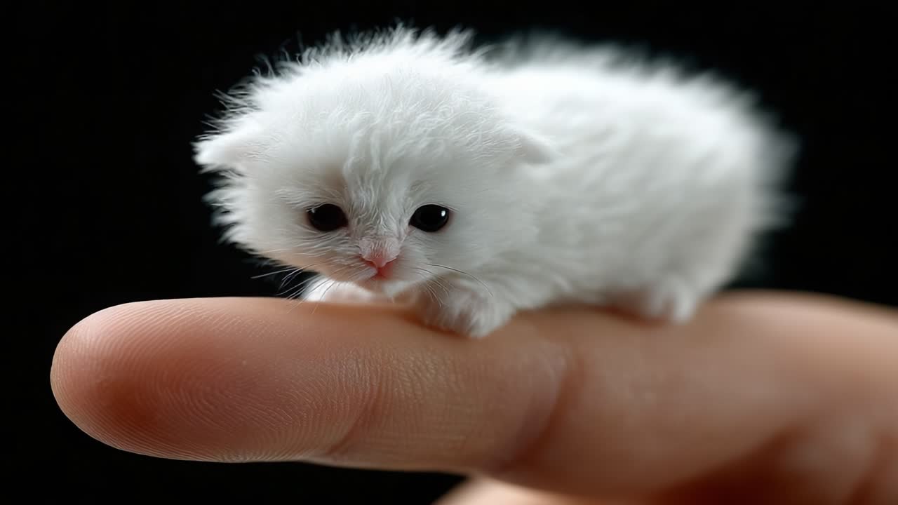An Adorable Miniature White Kitten Perched Gently on a Finger, Showcasing its Fluffy Fur and Innocent Gaze Against a Dark Background