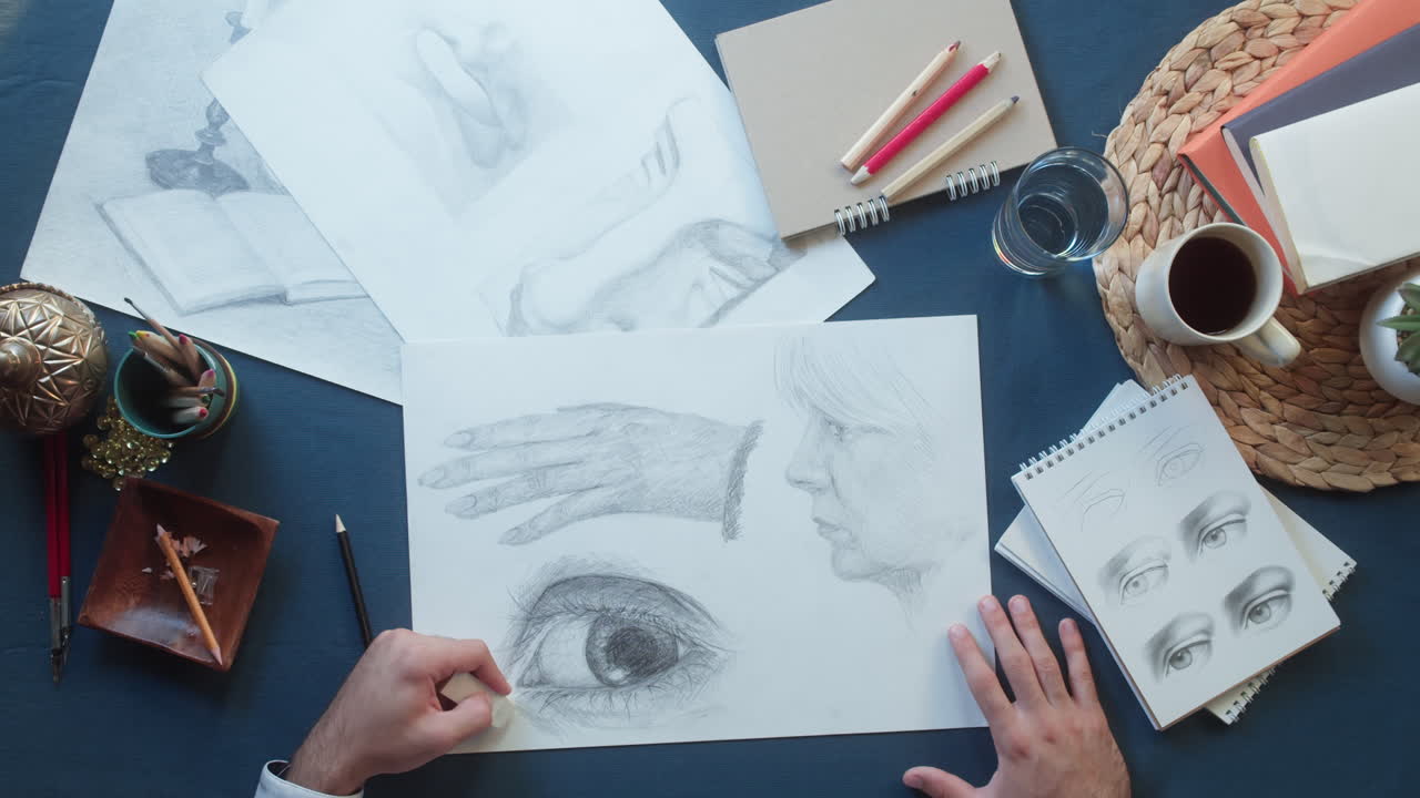Kunstenaar die menselijke anatomiestudies tekent met potlood en papier