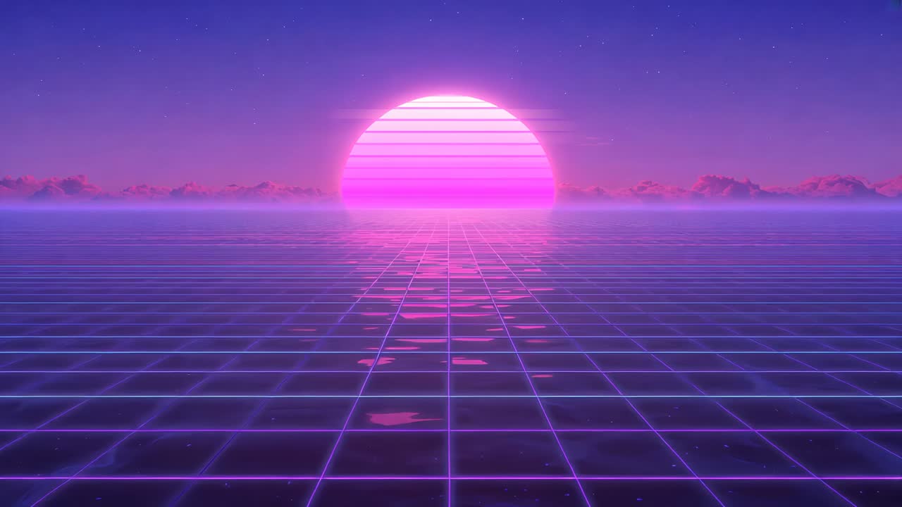 Loop starting, pulsing neon sun with scanlines brightening on neon grid, reflecting clouds, looping