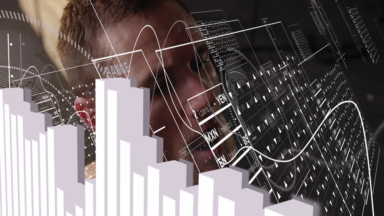 Man gripping dumbbell doing steady pulls as HUD overlays growing, 3D bars tracking reps for fitness