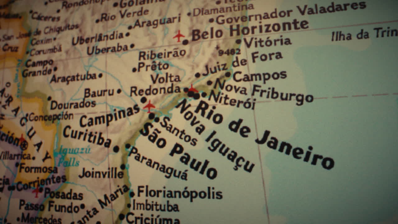 Close-up of a map of Brazil showing major cities and regions