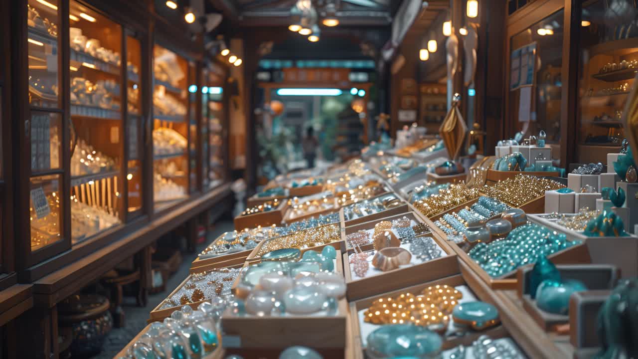 A vibrant display of jewelry and trinkets in a brightly lit shop