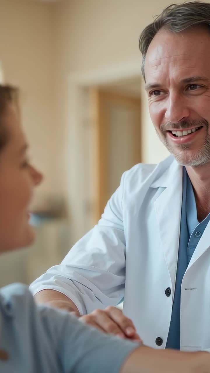 Video verticale: paziente in clinica che si gira verso il dottore, dottore in camice da laboratorio che si china e appoggia una mano sul braccio, rassicurante