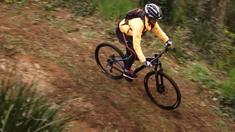 Female-mountain-biker-riding-in-the-forest