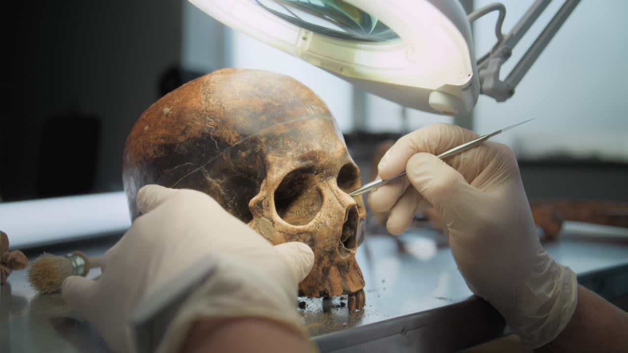 arqueólogo examinando un cráneo
