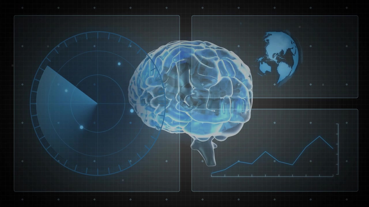 Neon-blue brain hologram rotating as radar sweep activating, dashboard monitoring neural trends