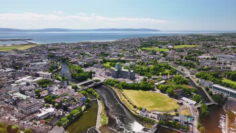 wide aerial cityscape of galway city with the river and cathedral in the middle. sunny day