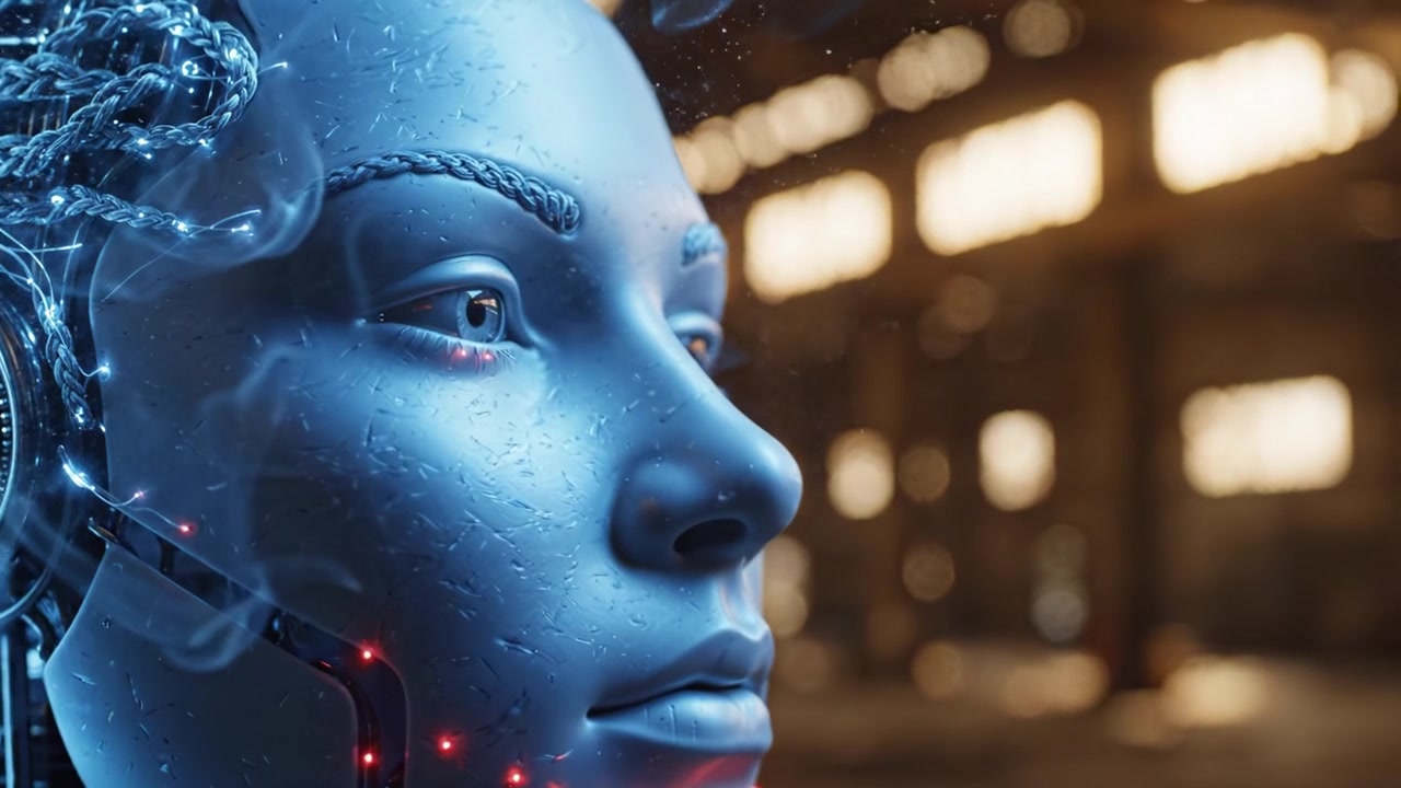Cyborg futuristico con un design intricato e caratteristiche illuminate, raffigurato su uno sfondo sfocato in un ambiente ad alta tecnologia.