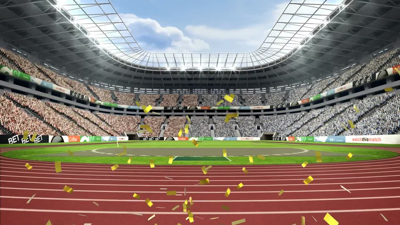 animación de confeti cayendo sobre el estadio deportivo