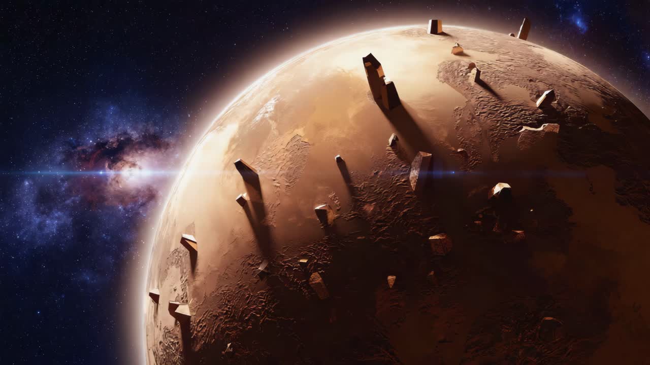 A mysterious planet with jagged structures in deep space