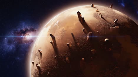 a mysterious planet with jagged structures in deep space