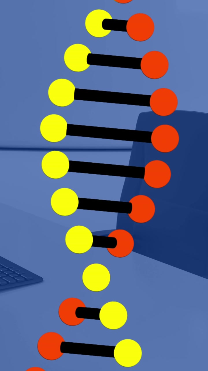 Animation af DNA-struktur, der snurrer mod et tomt kontor