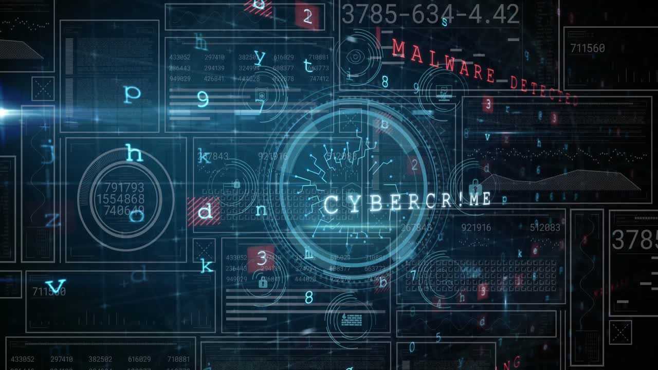 Animation of interface with cyber security data processing against blue background