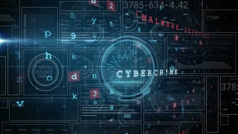 animation of interface with cyber security data processing against blue background