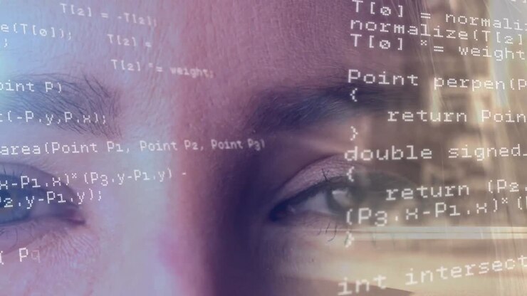 Animation of data processing over eyes of caucasian woman