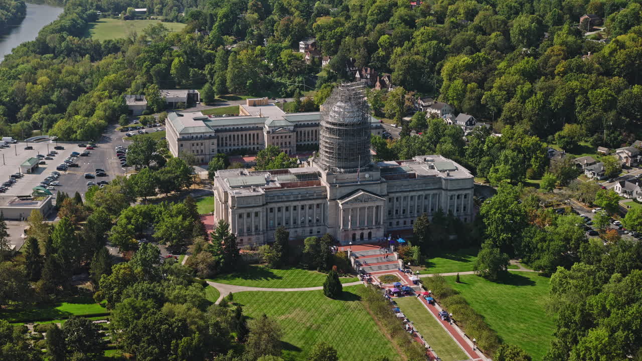 Frankfort Kentucky Aerial v9 birds eye view drone flyover and around State Capitol Building capturing building facade and views of hillside and river - Shot with Inspire 3 8k - Sept 21st 2023