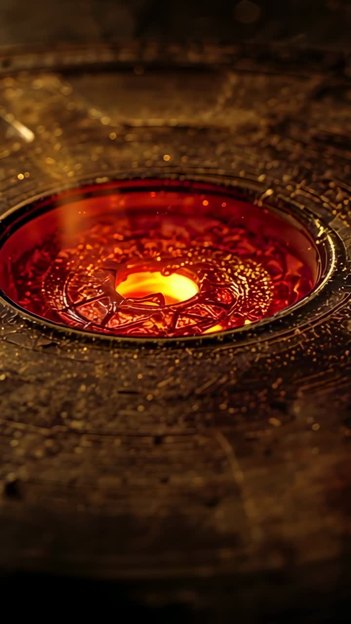 Vertical video: Rising heat causing molten well pulsing at bench, showing ornate disk, forming bead