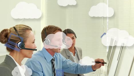 animation of clouds with tech devices over diverse consultants working with computers